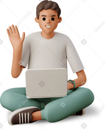 3D young man sitting with a laptop and waving his hand PNG, SVG