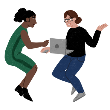 Две коллеги-женщины обсуждают работу в PNG, SVG