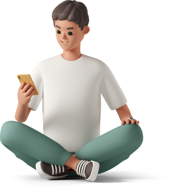 young man sitting cross legged and looking at smartphone PNG, SVG