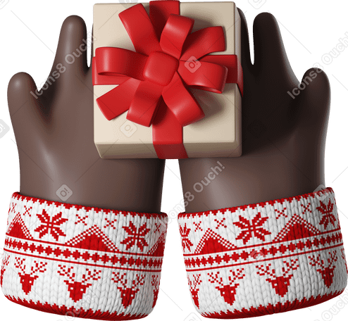 3D Black skin hands in white Christmas sweater holding gift box PNG, SVG