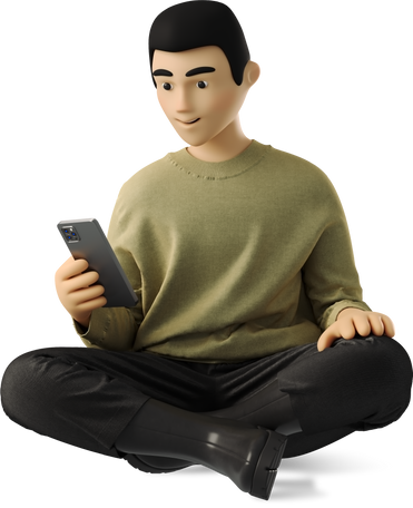 3D young asian man sitting with smartphone legs crossed Illustration in PNG, SVG
