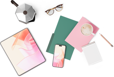 Top view of tablet, folder, smartphone, notebooks, moka pot and cup of coffee PNG, SVG