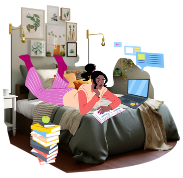 Young woman studying remotely from home PNG, SVG