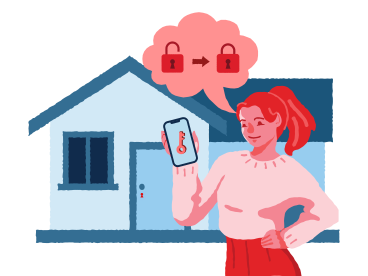 Mujer desbloqueando su casa inteligente con un teléfono PNG, SVG