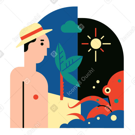 Mann sieht einen oktopus im exotischen urlaub PNG, SVG