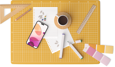Разделочная доска со смартфоном, чашкой чая, маркерами, линейками и палитрами. в PNG, SVG