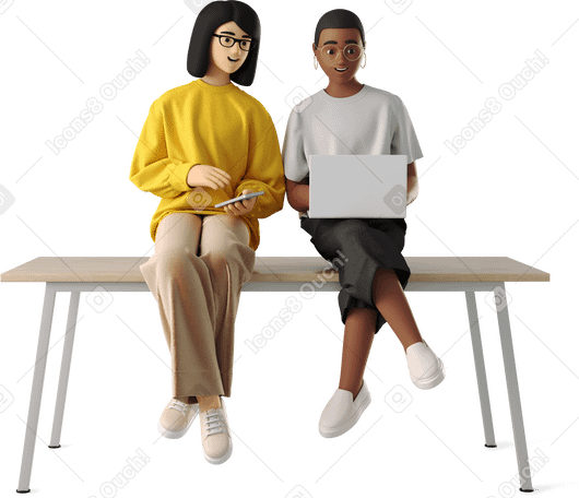 3D young women sitting with laptop on the table PNG, SVG