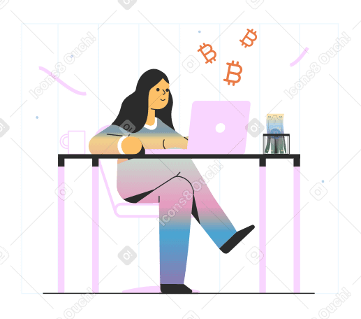 Mujer minando bitcoin en una computadora portátil PNG, SVG