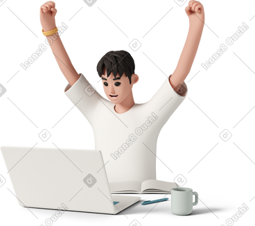 Happy smiling young man with laptop celebrating success PNG, SVG