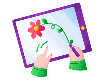 Hands draw a red flower on the ipad PNG, SVG