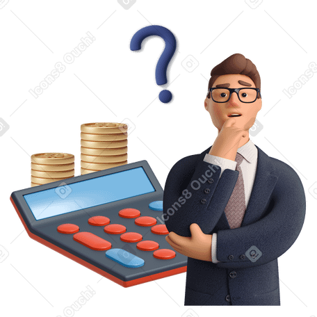 3D thoughtful businessman with calculator, coins and question mark behind PNG, SVG