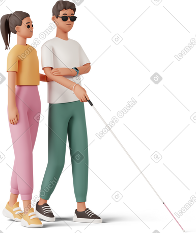 3D young blind boy and young girl walking PNG, SVG