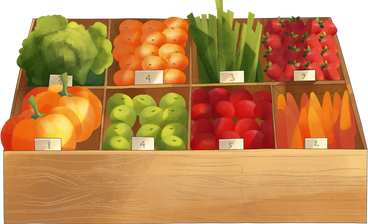 wooden boxes with vegetables and fruits PNG, SVG