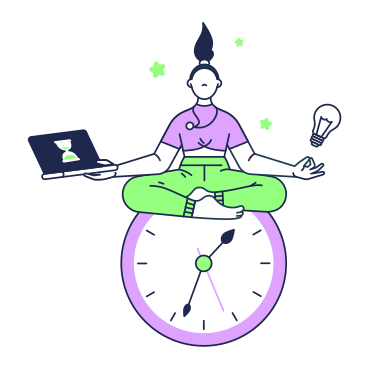 시간 관리를 위해 노트북으로 시계에 앉아 있는 여자 PNG, SVG