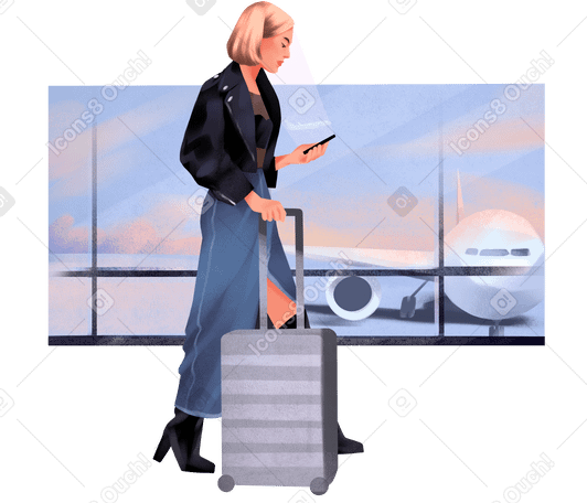 Woman with a suitcase at the airport Illustration in PNG, SVG