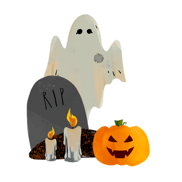 Pumpkin, ghost costume and grave as halloween attributes PNG, SVG