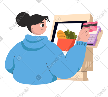 Woman pays for groceries at the self-service checkout PNG, SVG