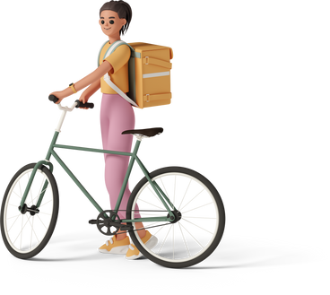 自転車と配達バッグを持って立っている配達の女性 PNG、SVG