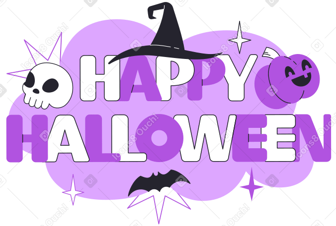 Letras de feliz halloween con texto de calavera, calabaza y murciélagos PNG, SVG