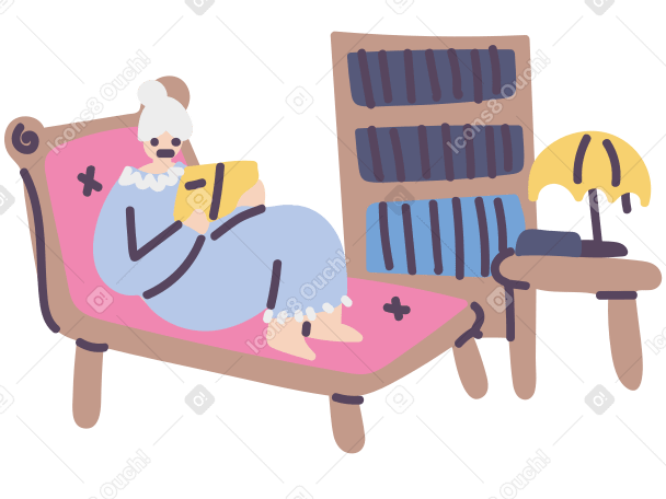 Старуха читает книгу дома в PNG, SVG