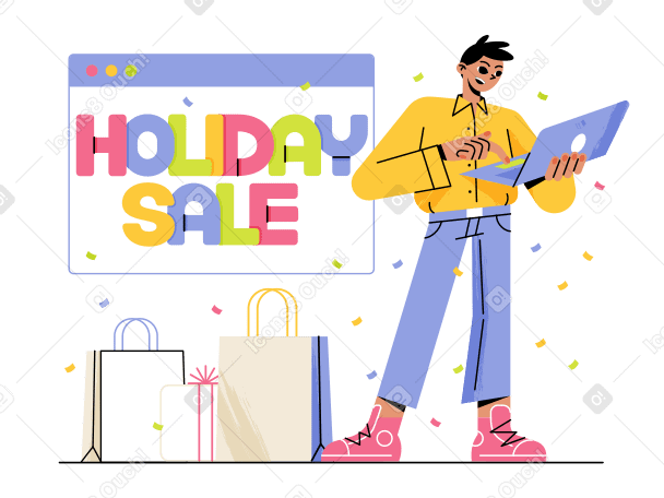 Lettering Holiday Sale with a man shopping online Illustration in PNG, SVG
