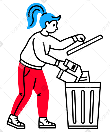 Женщина выбрасывает дискету в мусорный бак в PNG, SVG