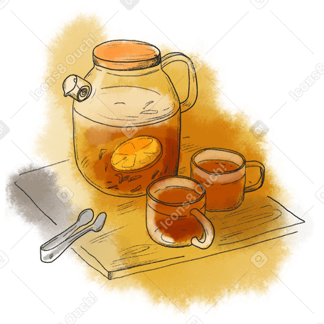 Large teapot and two glass mugs PNG, SVG