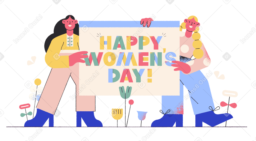 Lettering Happy Women's Day! with women holding banner Illustration in PNG, SVG