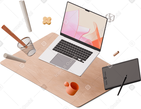 3D isometric view of designer's desk with laptop, tablet and notebook PNG, SVG