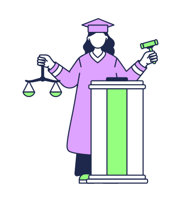 Giudice in piedi al banco del giudice con una bilancia di themis e un martelletto PNG, SVG