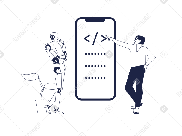 L'homme enseigne la programmation à un robot androïde PNG, SVG