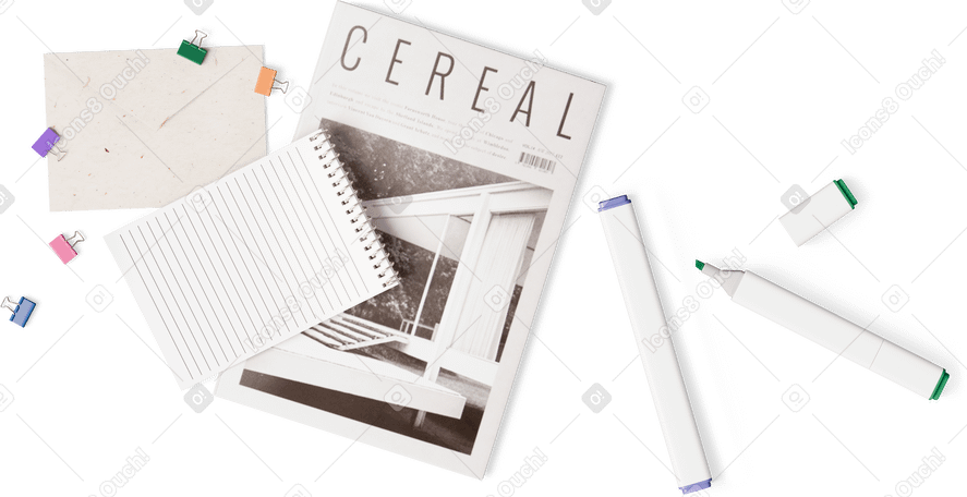3D Вид сверху на журнал, блокнот, конверт и маркеры в PNG, SVG