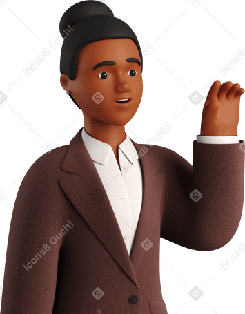 3D black businesswoman in brown suit waving goodbye PNG, SVG
