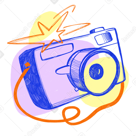 Fotocamera blu con flash su cinturino arancione PNG, SVG
