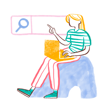 Woman with long hair searching on a laptop PNG, SVG