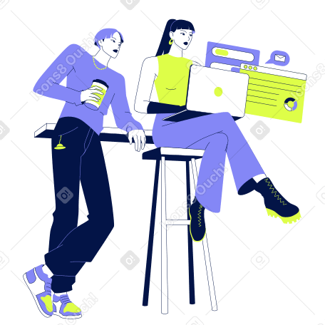 Illustrazione animata Il giovane e la donna stanno lavorando insieme su un progetto in GIF, Lottie (JSON), AE