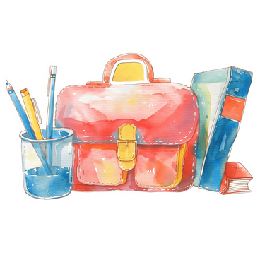 Школьные принадлежности: школьная сумка, канцелярские товары и книги. в PNG, SVG