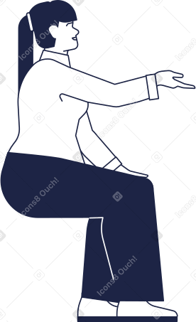 woman in a white shirt sits at a table and raises her hand palm up PNG, SVG