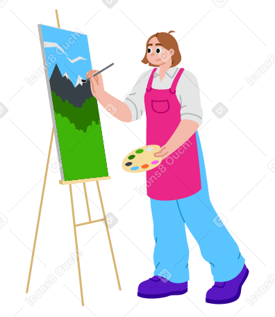 Young woman painting a picture on an easel PNG, SVG