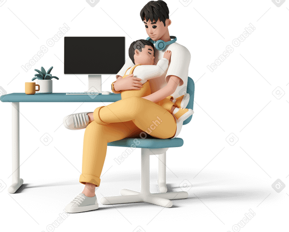 3D father hugging his baby while sitting on chair at computer PNG, SVG