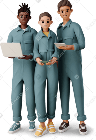 3D young people in the worker jumpsuits with gadgets Illustration in PNG, SVG
