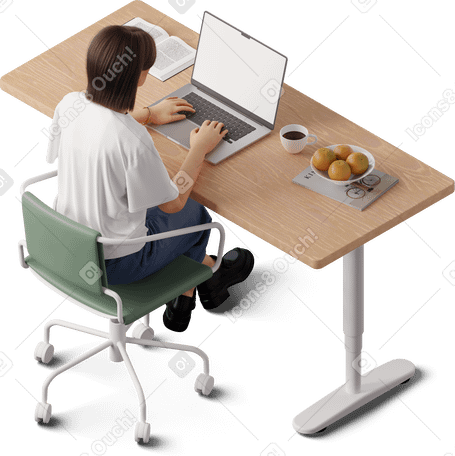 3D isometric view of young woman working on laptop PNG, SVG