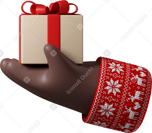 3D Mano de piel negra en suéter rojo con patrón navideño sosteniendo caja de regalo PNG, SVG