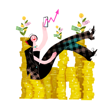 Woman sitting on a pile of money and investing on a phone Illustration in PNG, SVG