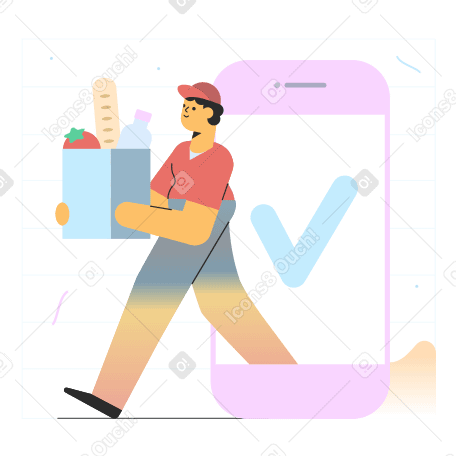Delivery man coming from online shop in a phone with products PNG, SVG