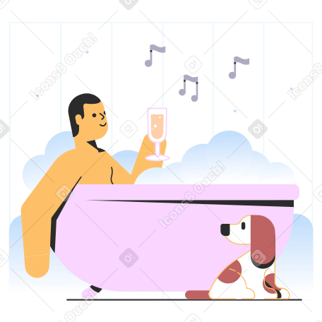 シャンパンでお風呂でリラックスした男 のpngとsvgでのイラスト