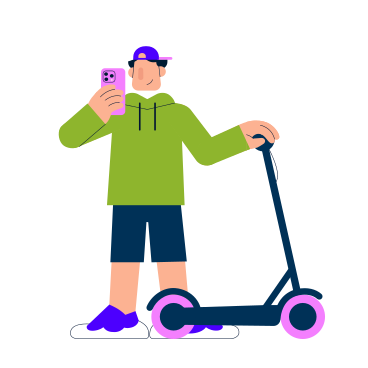 Ilustración animada de Hombre con scooter tomando una foto en GIF, Lottie (JSON), AE