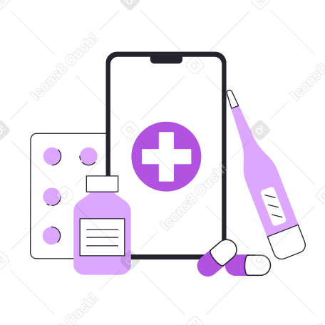 Smartphone with online medical app surrounded by pills and thermometer Illustration in PNG, SVG