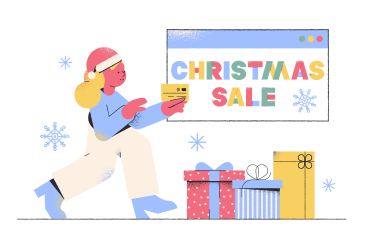 Lettering Christmas Sale with woman who order online PNG, SVG