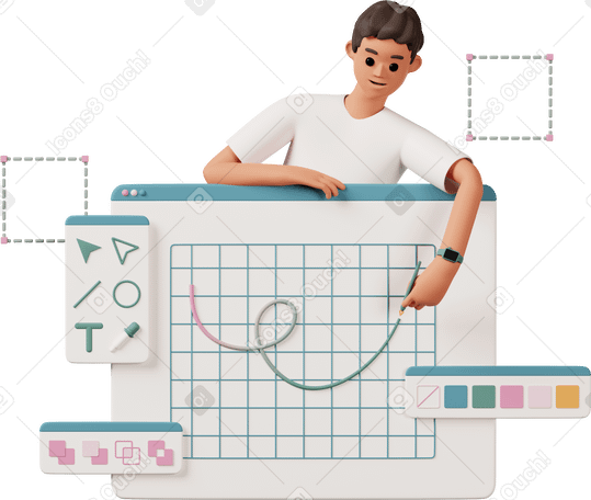 3D young man drawing a curve in design program PNG, SVG